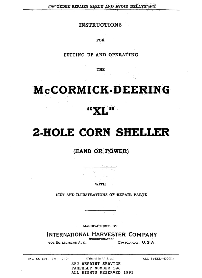 McCormick-Deering XL 2-Hole Corn Sheller (Manual M-106)
