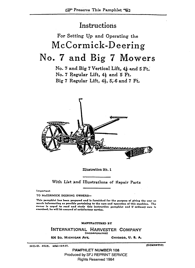 McCormick-Deering No. 7 and Big 7 Mowers (Manual M-108)