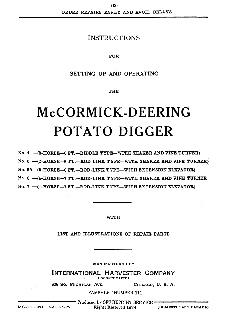 McCormick-Deering Potato Digger (Manual M-111)