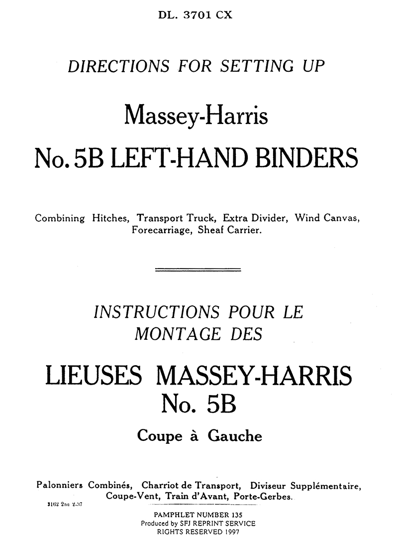 Massey-Harris No. 5B Left-Hand Binders (Manual M-135)