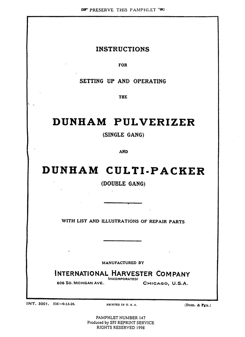 Dunham Pulverizer (Single Gang) and Dunham Culti-Packer (Double Gang) (Manual M-147)